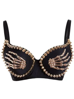 Fashion Retro Stage 1960s Gothic Punk Skeleton Hand Rivet Top Black