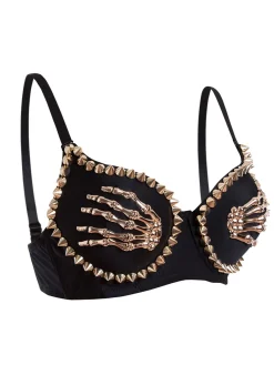 Fashion Retro Stage 1960s Gothic Punk Skeleton Hand Rivet Top Black