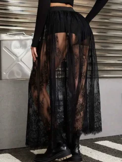 Outlet Retro Stage 1980s Gothic Sheer Lace Skirt Black