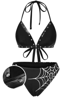 Online Retro Stage 1980s Gothic Spider Web Rivets Bikini Set Black