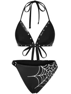 Online Retro Stage 1980s Gothic Spider Web Rivets Bikini Set Black