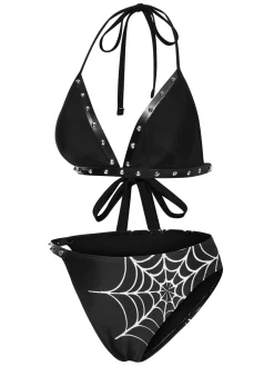 Online Retro Stage 1980s Gothic Spider Web Rivets Bikini Set Black