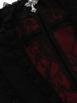 Clearance Retro Stage Black 1980s Gothic Steampunk Halter Lace Cross Camisole & Choker Black & Red