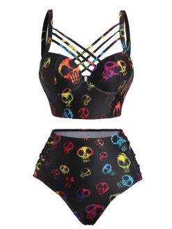 Discount Retro Stage 1980s Gothic Steampunk Skull Bikini Set Black