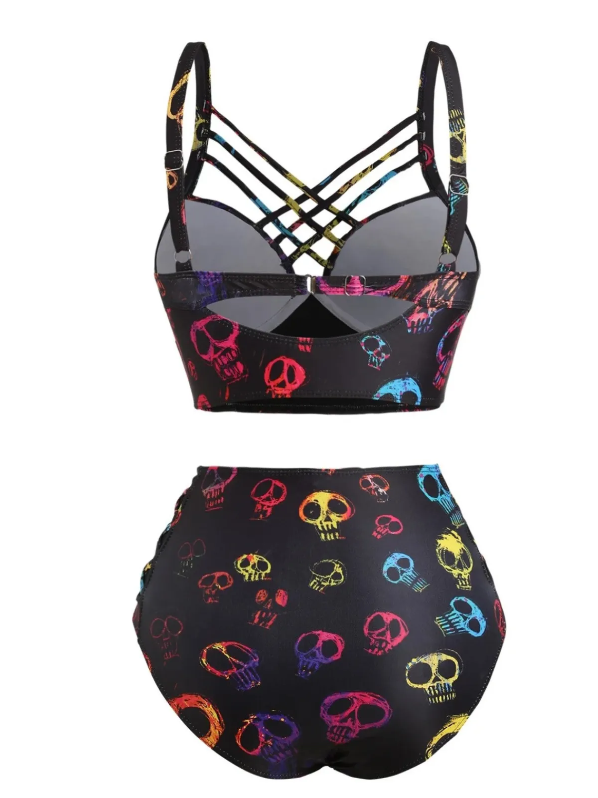 Discount Retro Stage 1980s Gothic Steampunk Skull Bikini Set Black