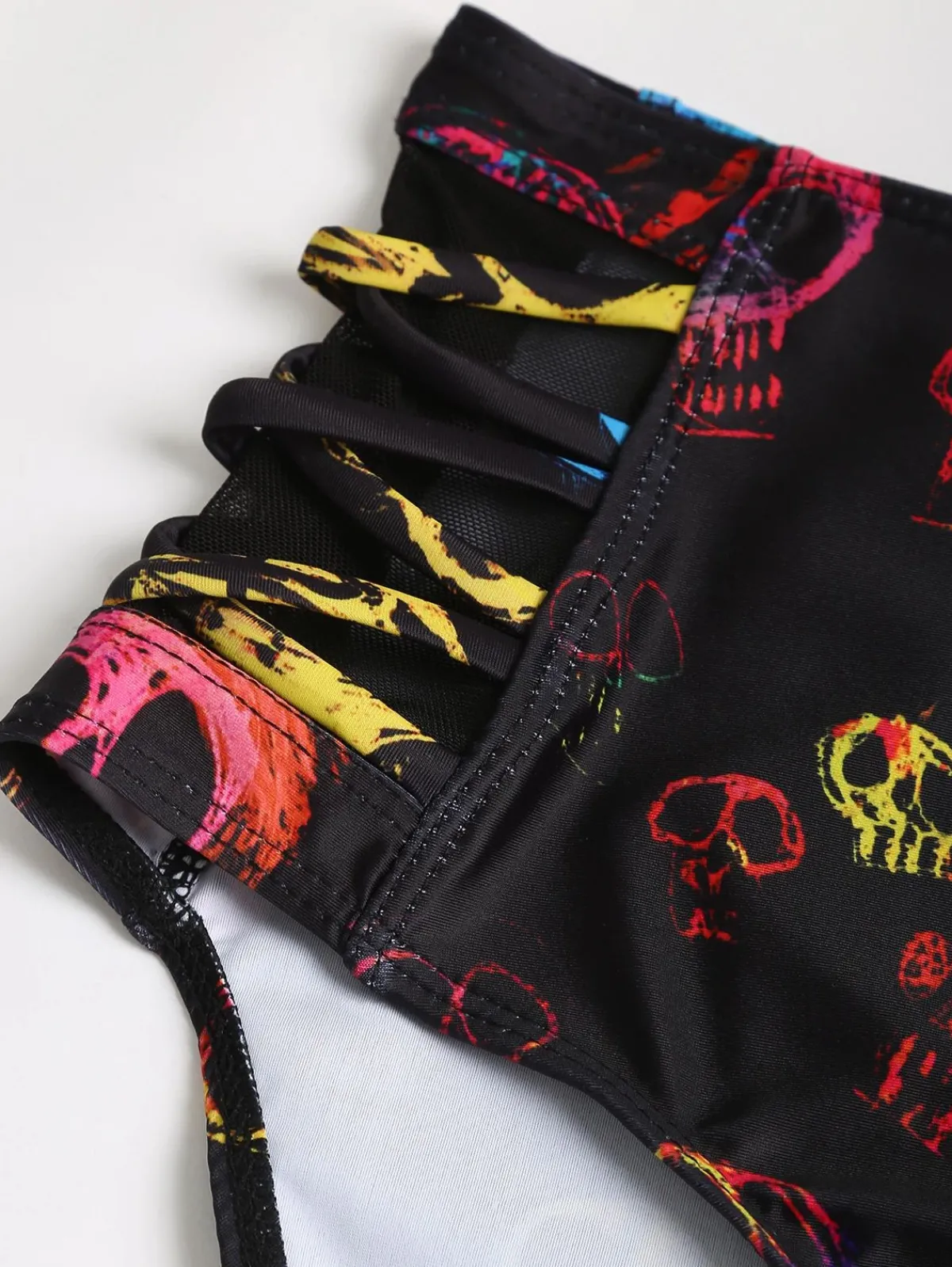 Discount Retro Stage 1980s Gothic Steampunk Skull Bikini Set Black
