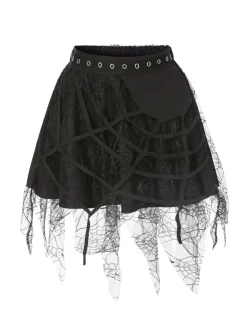 Online Retro Stage 1960s Grommet Halloween Spider Web Lace Skirt Black