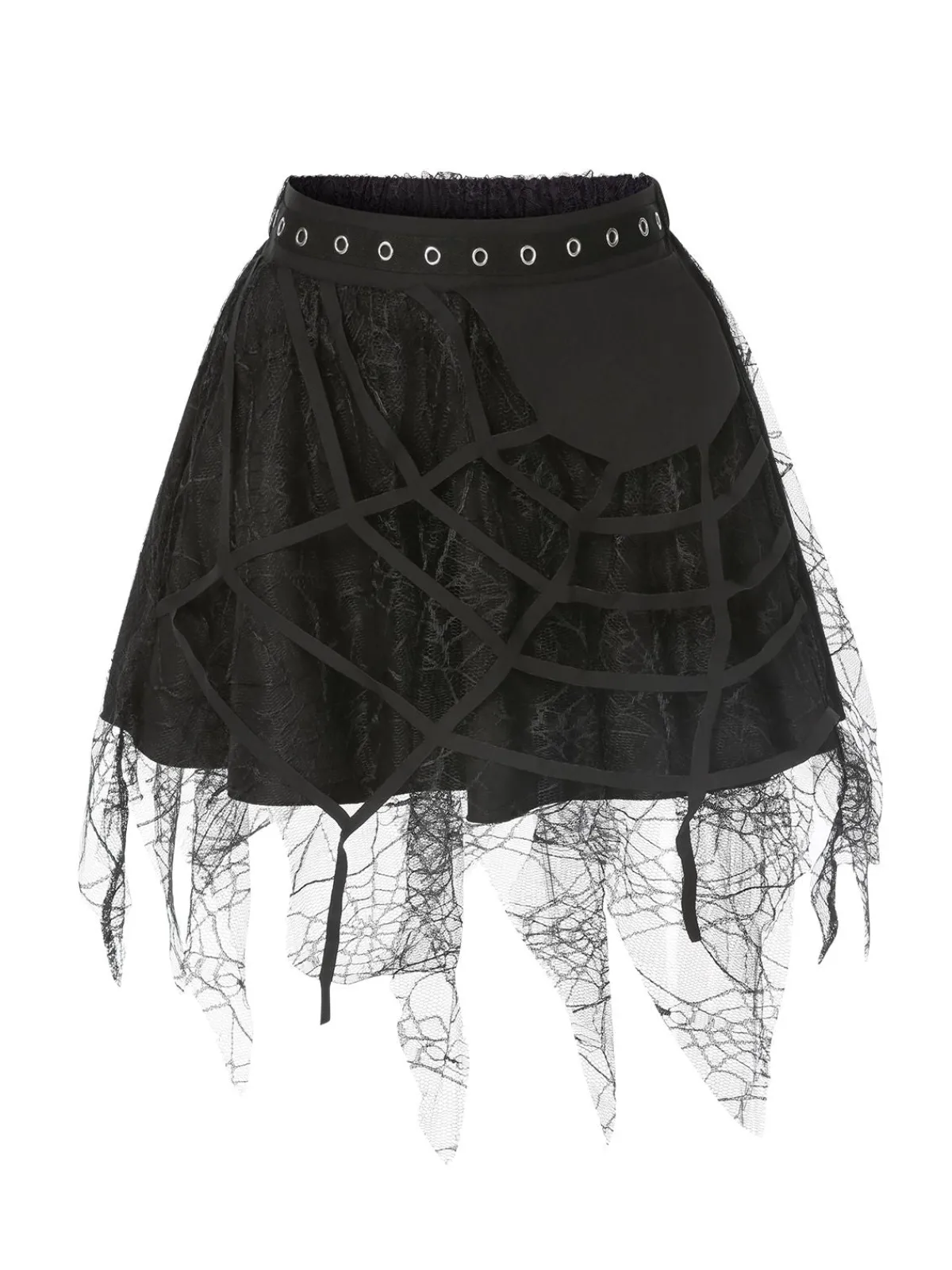 Online Retro Stage 1960s Grommet Halloween Spider Web Lace Skirt Black