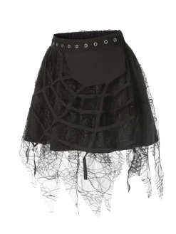 Online Retro Stage 1960s Grommet Halloween Spider Web Lace Skirt Black
