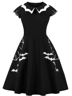 Fashion Retro Stage 1950s Halloween Bat Collar Embroidered Dress Black