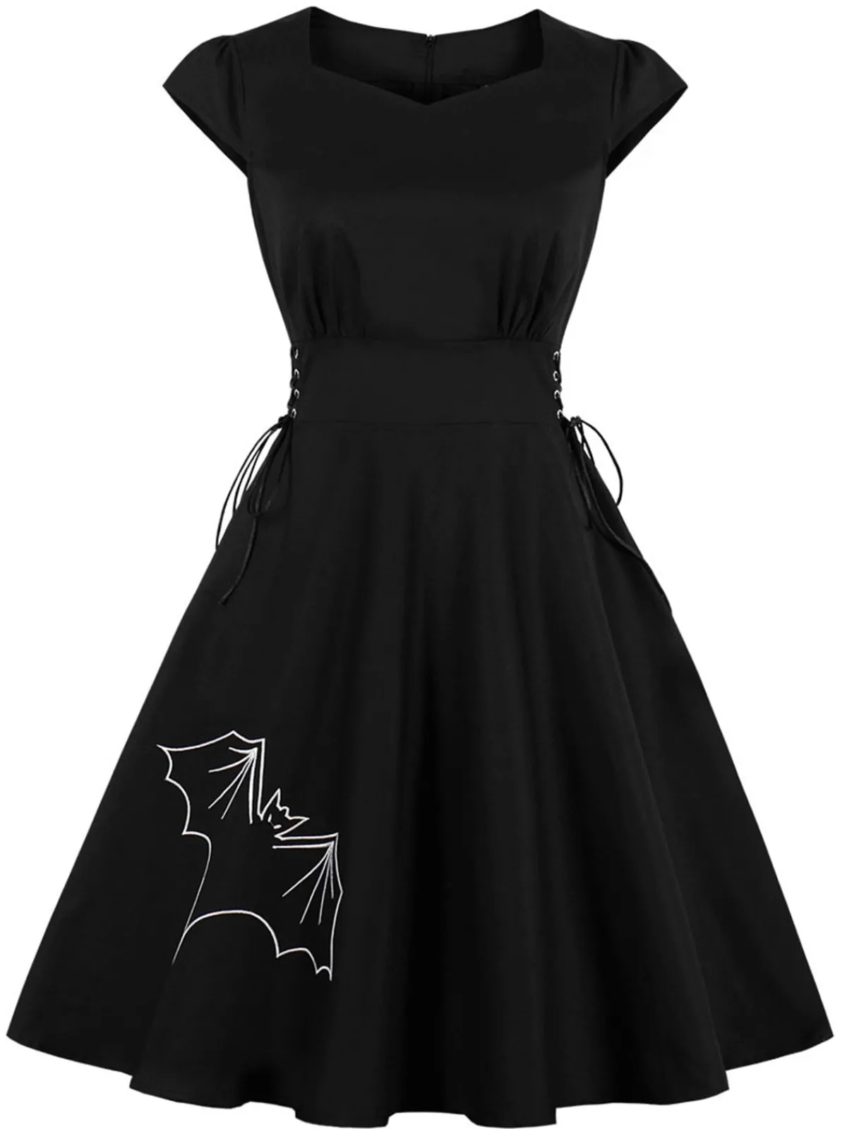New Retro Stage 1950s Halloween Bat Lace-Up Dress Black