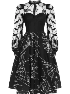 Best Retro Stage 1950s Halloween Bat Mesh Sleeved Dress Black