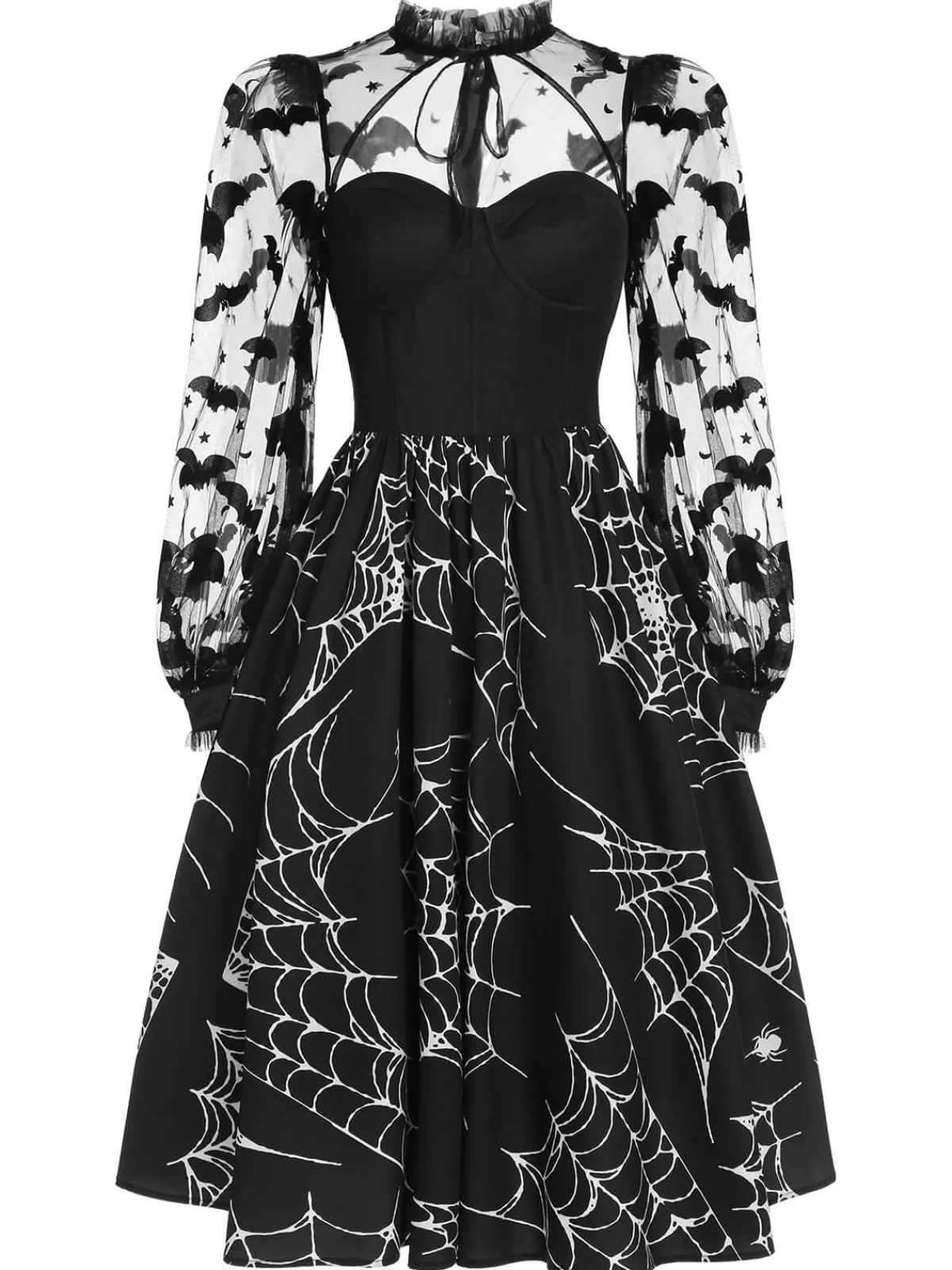 Best Retro Stage 1950s Halloween Bat Mesh Sleeved Dress Black
