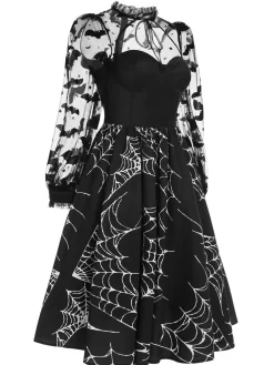 Best Retro Stage 1950s Halloween Bat Mesh Sleeved Dress Black