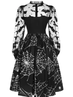 Best Retro Stage 1950s Halloween Bat Mesh Sleeved Dress Black