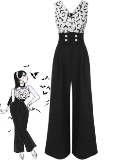 Hot Retro Stage 1930s Halloween Bat Patchwork Jumpsuit Black