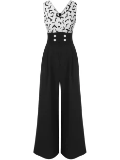 Hot Retro Stage 1930s Halloween Bat Patchwork Jumpsuit Black