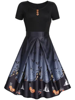 Online Retro Stage Black 1950s Halloween Button Dress