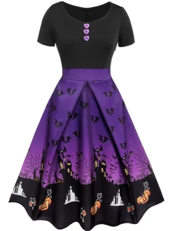 Online Retro Stage Black 1950s Halloween Button Dress