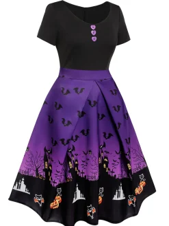 Online Retro Stage Black 1950s Halloween Button Dress