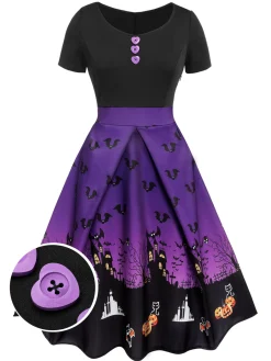 Online Retro Stage Black 1950s Halloween Button Dress