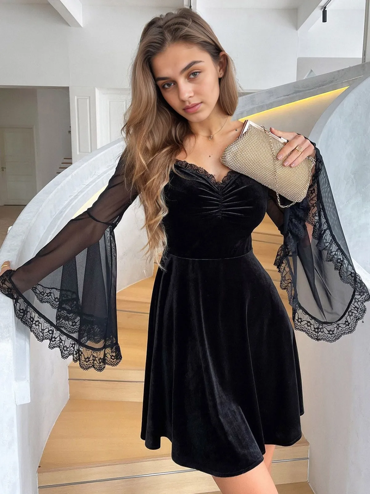 Sale Retro Stage 1970s Halloween Lace Bat Sleeves Dress Black