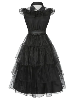 Hot Retro Stage Black 1950s Halloween Lace Belt Dress