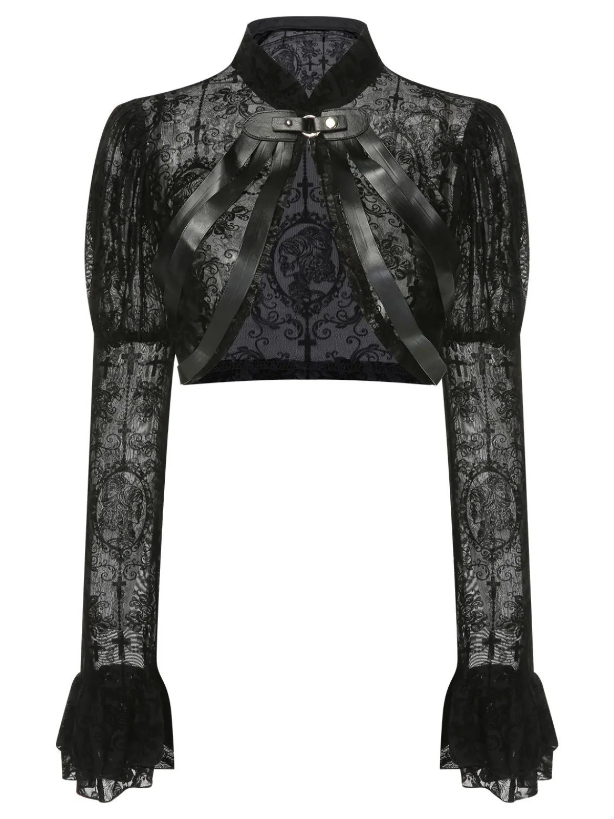 Clearance Retro Stage 1960s Halloween Lace Gothic Buckle Top Black