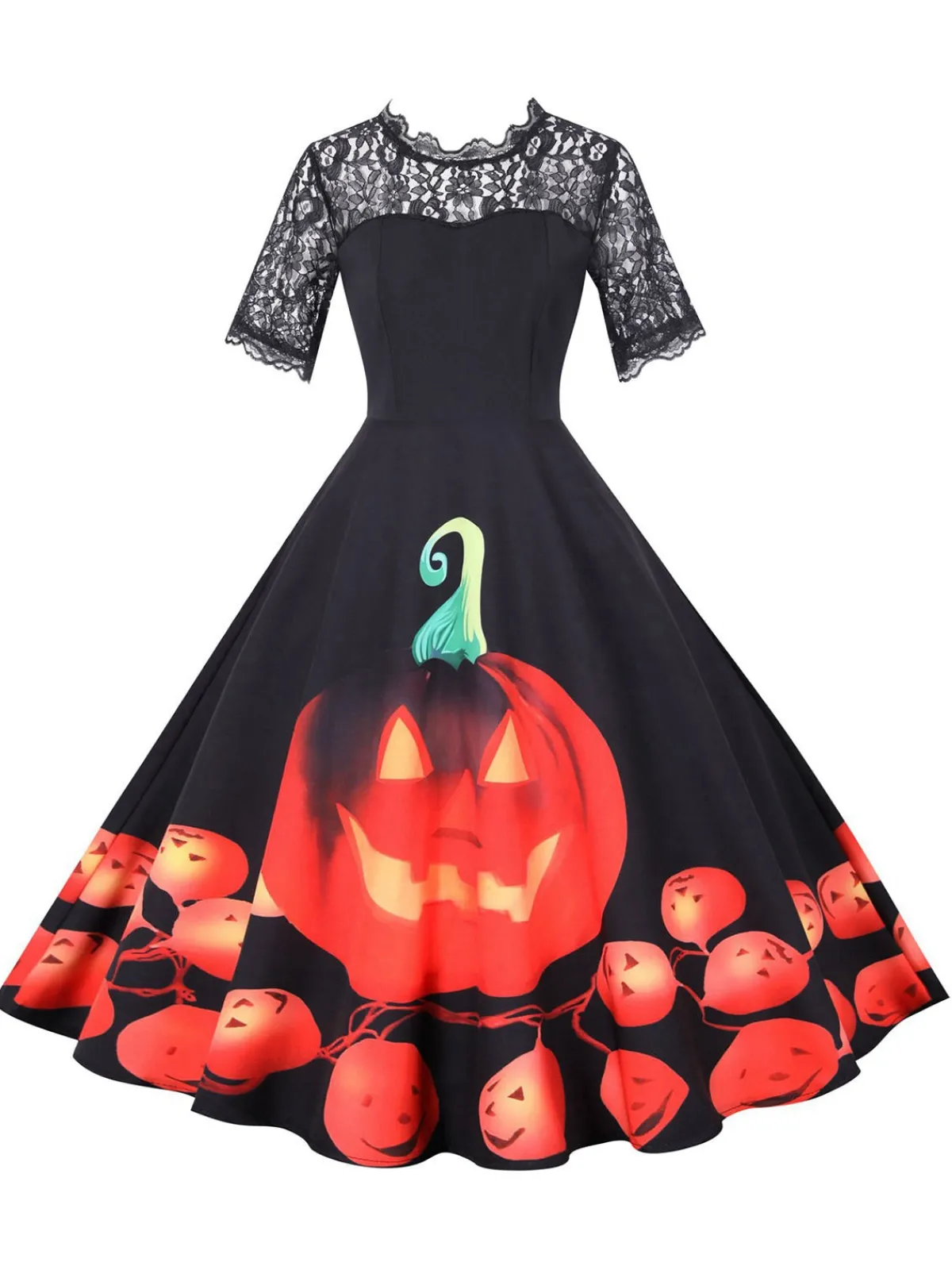 Hot Retro Stage 1950s Halloween Lace Sleeves Patchwork Dress Black