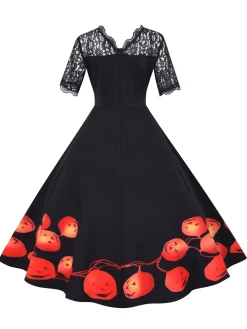 Hot Retro Stage 1950s Halloween Lace Sleeves Patchwork Dress Black