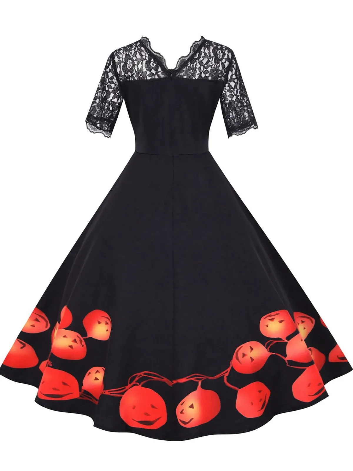 Hot Retro Stage 1950s Halloween Lace Sleeves Patchwork Dress Black