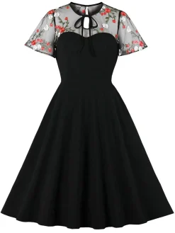 Hot Retro Stage 1950s Halloween Lace Swing Dress Black