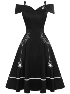 Clearance Retro Stage 1950s Halloween Off-Shoulder Spider Web Dress Black