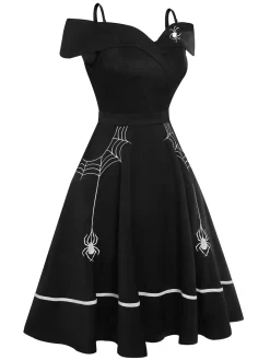 Clearance Retro Stage 1950s Halloween Off-Shoulder Spider Web Dress Black