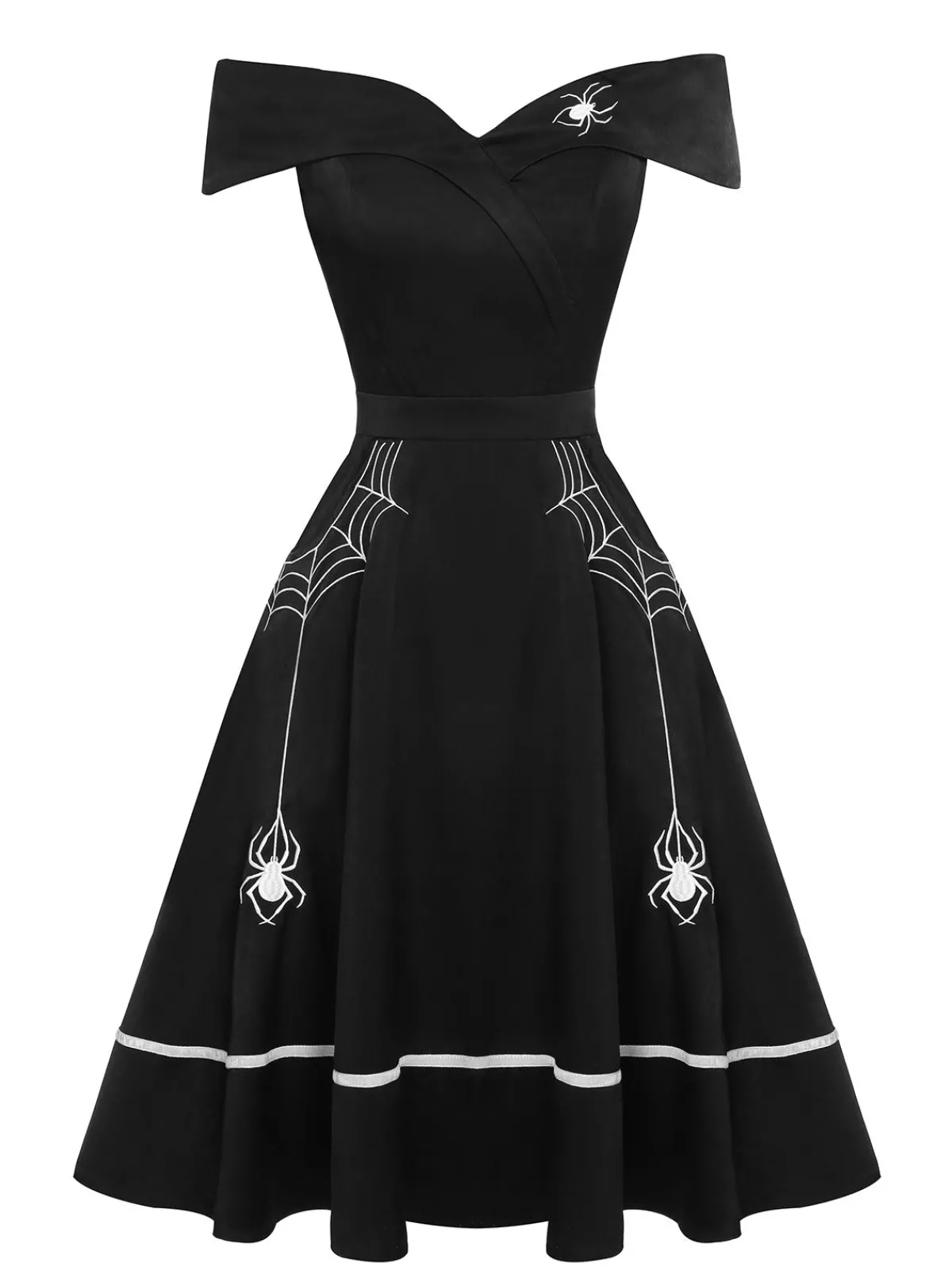 Clearance Retro Stage 1950s Halloween Off-Shoulder Spider Web Dress Black