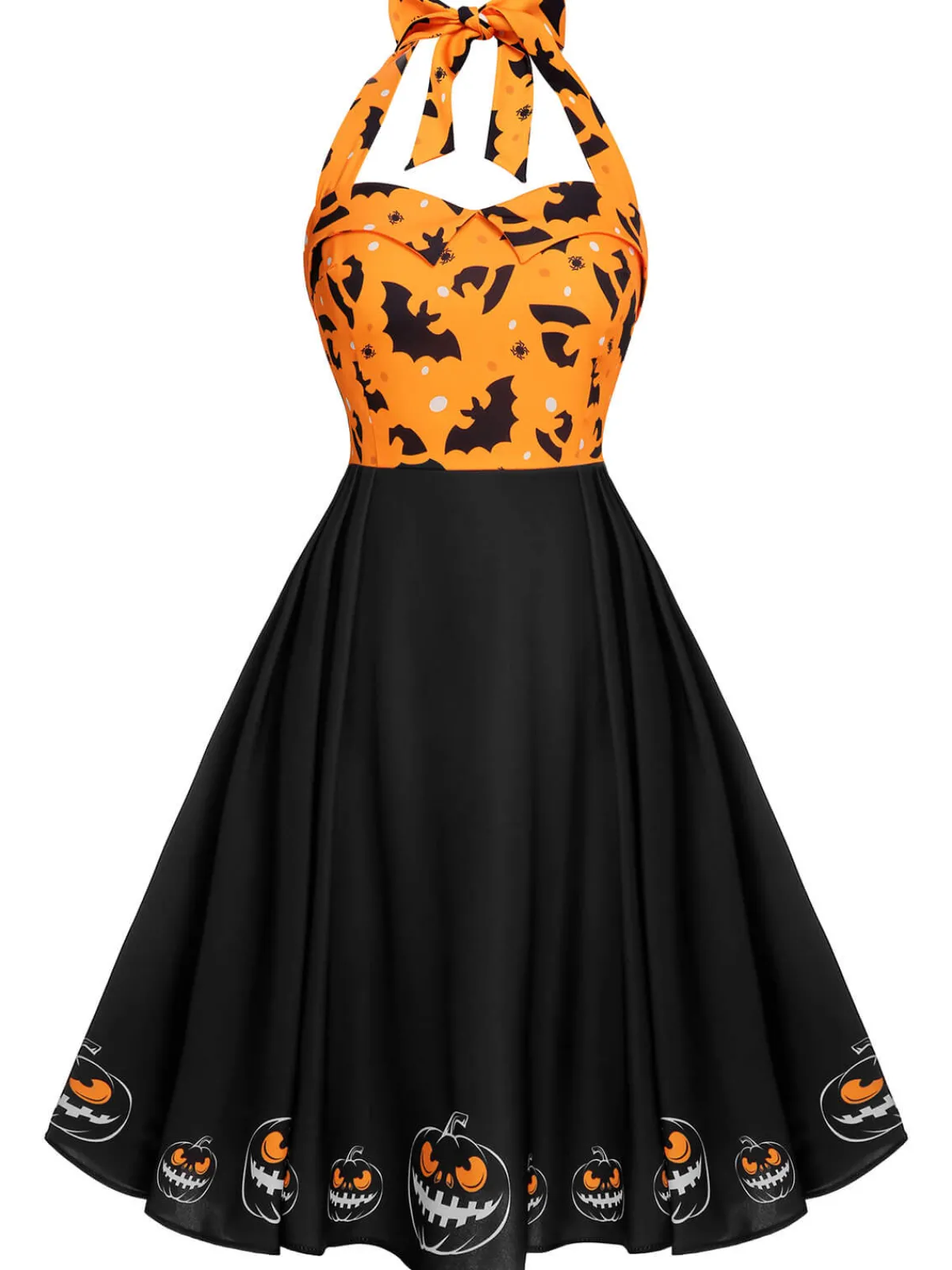 Clearance Retro Stage Black 1950s Halloween Pumpkin Bat Halter Dress Black & Orange