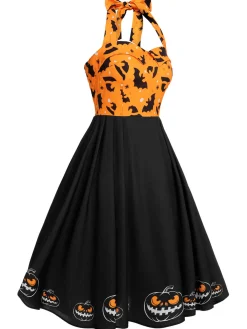 Clearance Retro Stage Black 1950s Halloween Pumpkin Bat Halter Dress Black & Orange