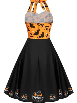Clearance Retro Stage Black 1950s Halloween Pumpkin Bat Halter Dress Black & Orange