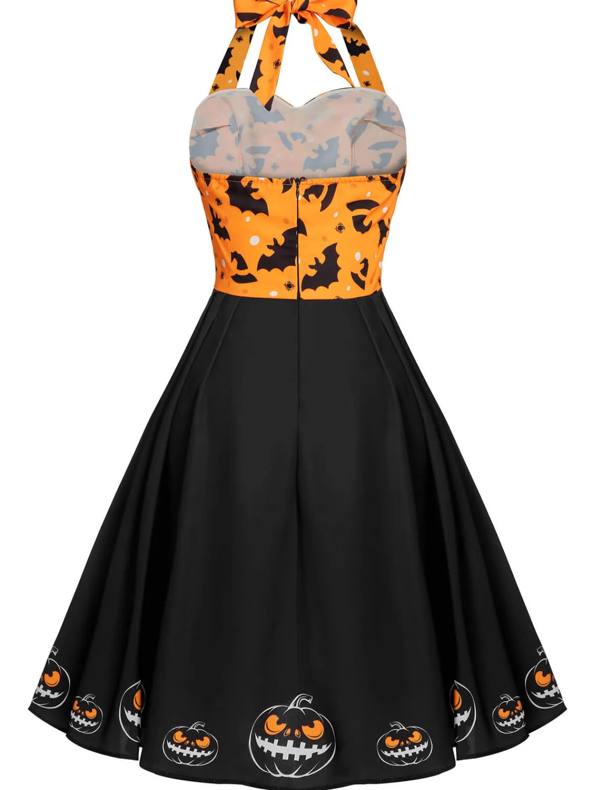 Clearance Retro Stage Black 1950s Halloween Pumpkin Bat Halter Dress Black & Orange