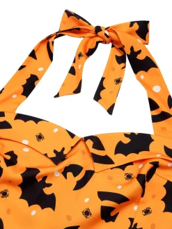 Clearance Retro Stage Black 1950s Halloween Pumpkin Bat Halter Dress Black & Orange