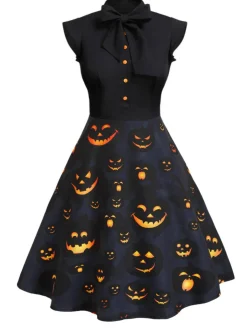 Best Retro Stage Black 1950s Halloween Pumpkin Patchwork Dress