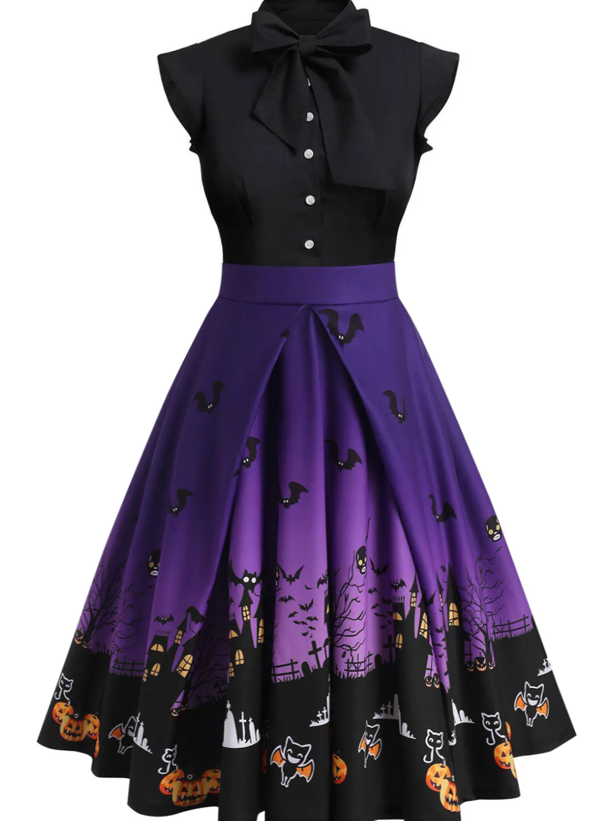 Best Retro Stage Black 1950s Halloween Pumpkin Patchwork Dress