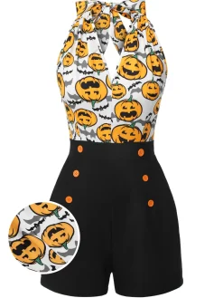 Hot Retro Stage 1950s Halloween Pumpkin Halter Romper Black
