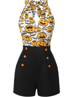 Hot Retro Stage 1950s Halloween Pumpkin Halter Romper Black