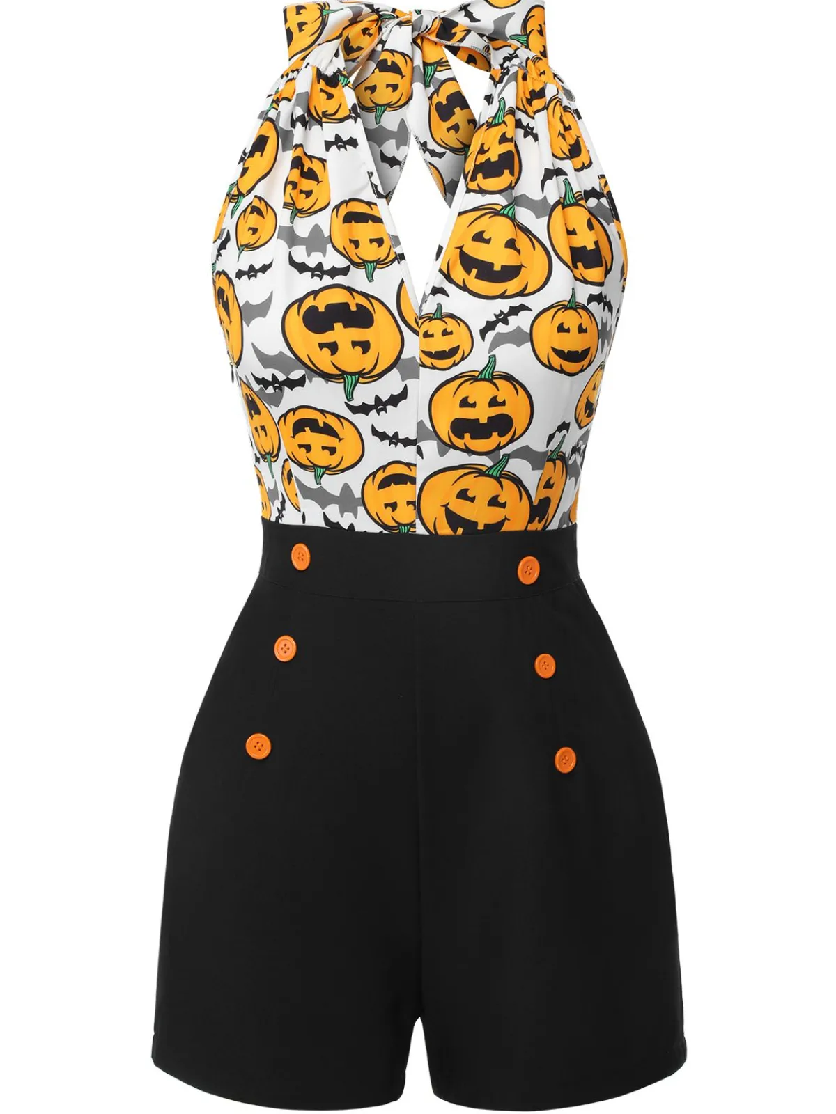 Hot Retro Stage 1950s Halloween Pumpkin Halter Romper Black