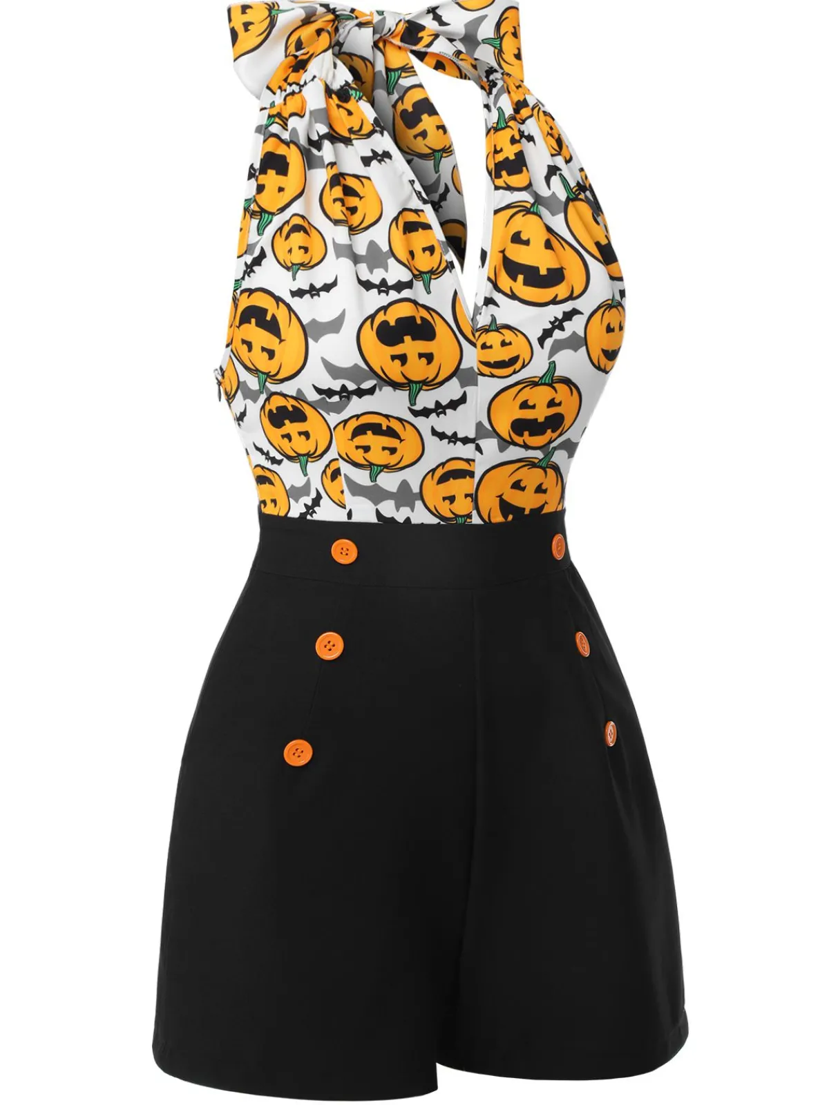 Hot Retro Stage 1950s Halloween Pumpkin Halter Romper Black