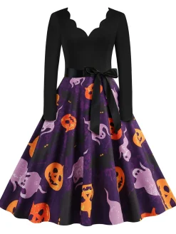 Online Retro Stage 1950s Halloween Pumpkin Ghost Petal Collar Dress Black