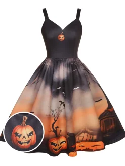 Online Retro Stage 1950s Halloween Pumpkin Swing Dress Black