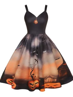 Online Retro Stage 1950s Halloween Pumpkin Swing Dress Black