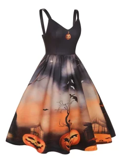 Online Retro Stage 1950s Halloween Pumpkin Swing Dress Black